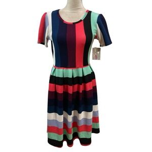 NWT Women's LuLaRoe Amelia Dress Striped Colorblock Sz Medium M Blue Red Green‎